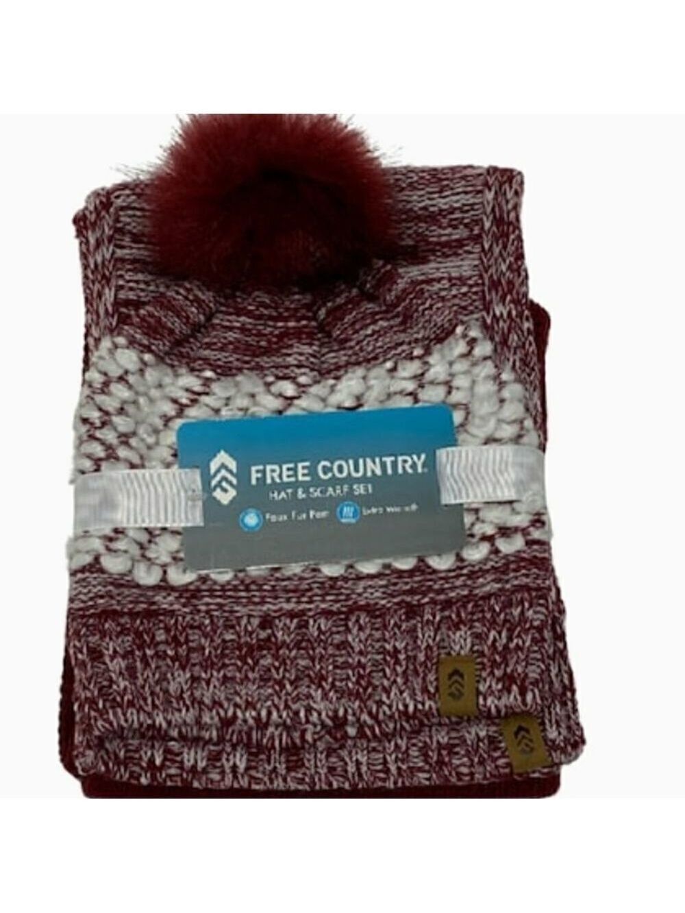 Knit Hat and Scarf Set New Burgandy White NWT Pom Pom